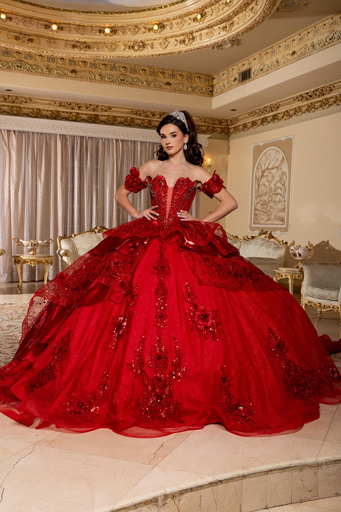Off-Shoulder Ball Gown Sweetheart Corset Quinceañera Dress with Layered Ruffles by Layla K LK295