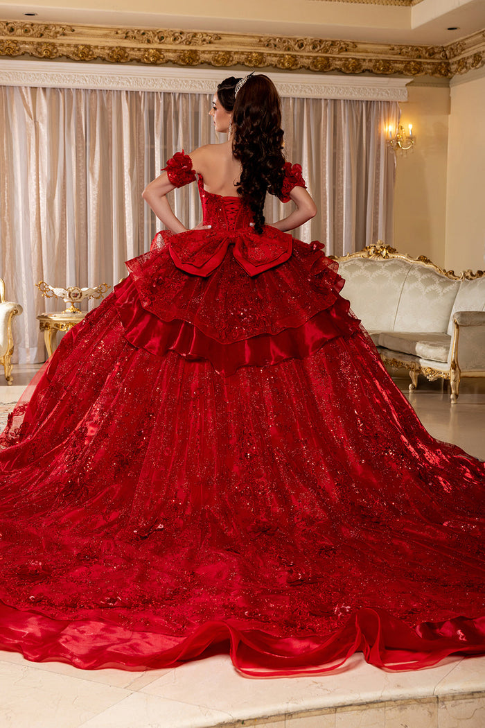Off-Shoulder Ball Gown Sweetheart Corset Quinceañera Dress with Layered Ruffles by Layla K LK295