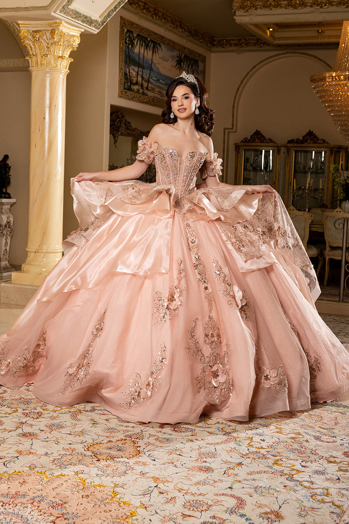 Off-Shoulder Ball Gown Sweetheart Corset Quinceañera Dress with Layered Ruffles by Layla K LK295