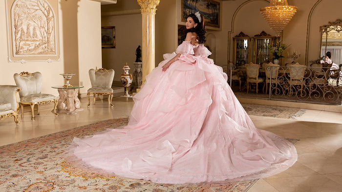 Off-Shoulder Quinceanera Ball Gown Glitter Tulle Corset Dress with Ruffled Skirt by Layla K LK296