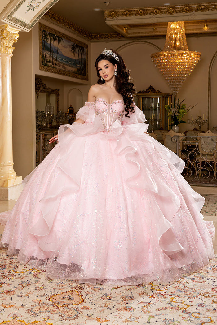 Off-Shoulder Quinceanera Ball Gown Glitter Tulle Corset Dress with Ruffled Skirt by Layla K LK296