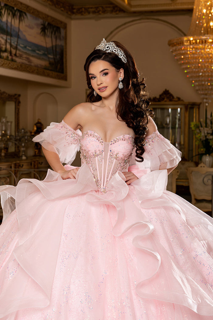 Off-Shoulder Quinceanera Ball Gown Glitter Tulle Corset Dress with Ruffled Skirt by Layla K LK296
