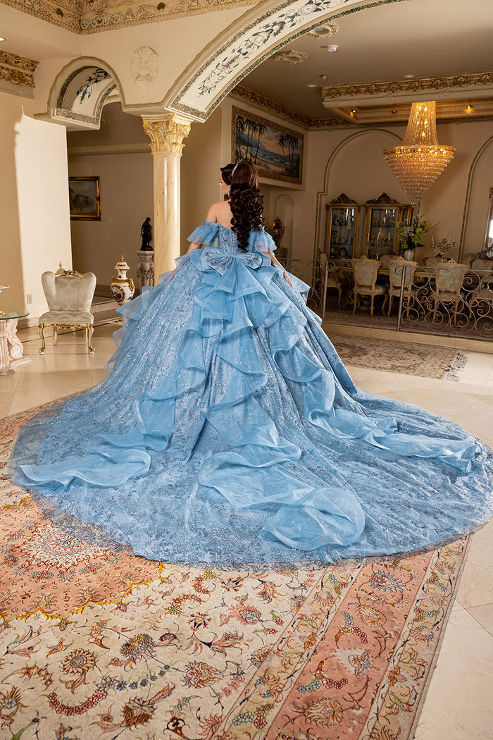 Off-Shoulder Quinceanera Ball Gown Glitter Tulle Corset Dress with Ruffled Skirt by Layla K LK296