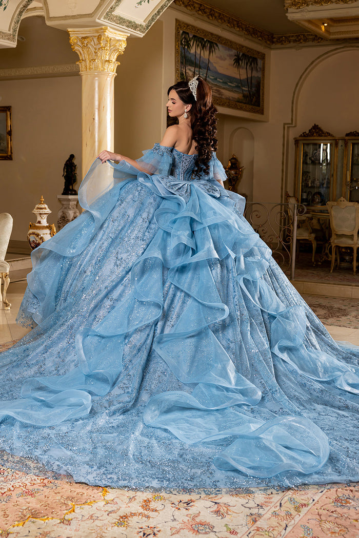Off-Shoulder Quinceanera Ball Gown Glitter Tulle Corset Dress with Ruffled Skirt by Layla K LK296