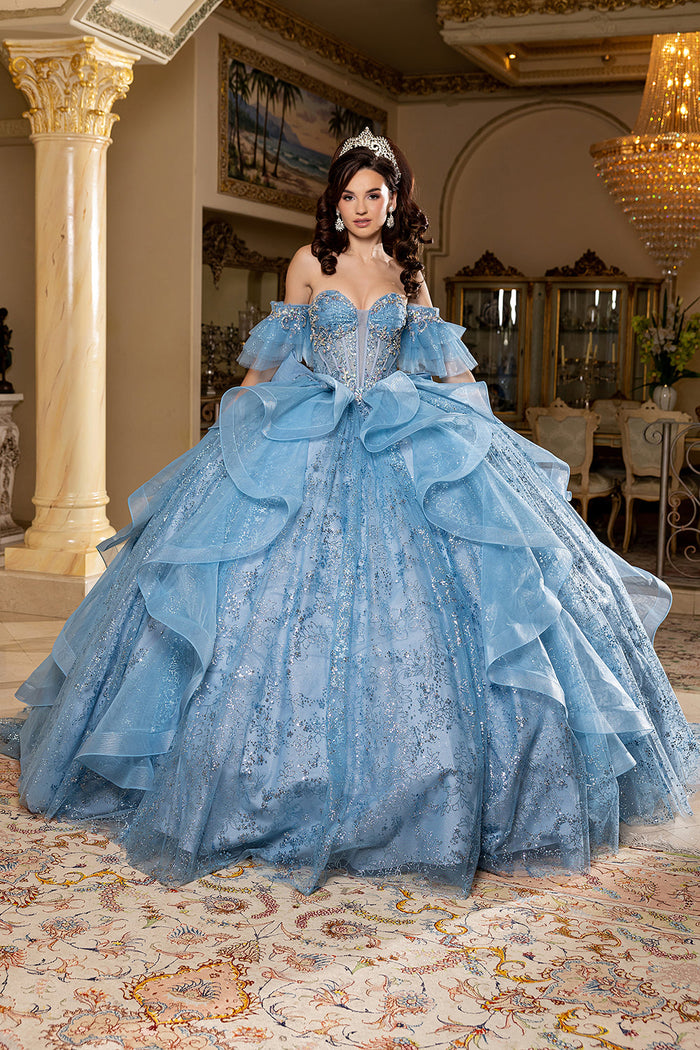Off-Shoulder Quinceanera Ball Gown Glitter Tulle Corset Dress with Ruffled Skirt by Layla K LK296