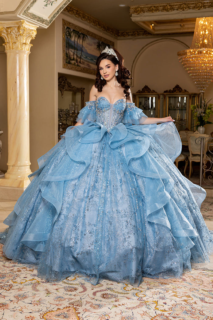 Off-Shoulder Quinceanera Ball Gown Glitter Tulle Corset Dress with Ruffled Skirt by Layla K LK296