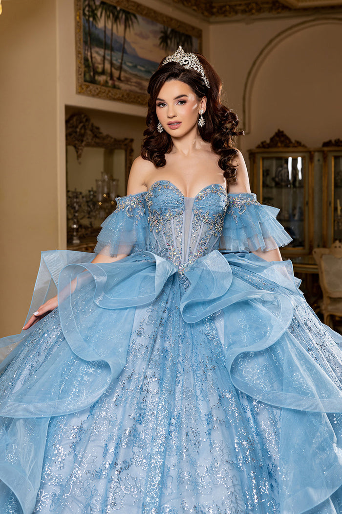 Off-Shoulder Quinceanera Ball Gown Glitter Tulle Corset Dress with Ruffled Skirt by Layla K LK296