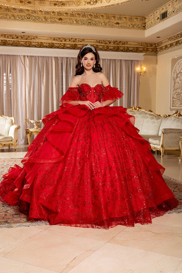 Off-Shoulder Quinceanera Ball Gown Glitter Tulle Corset Dress with Ruffled Skirt by Layla K LK296