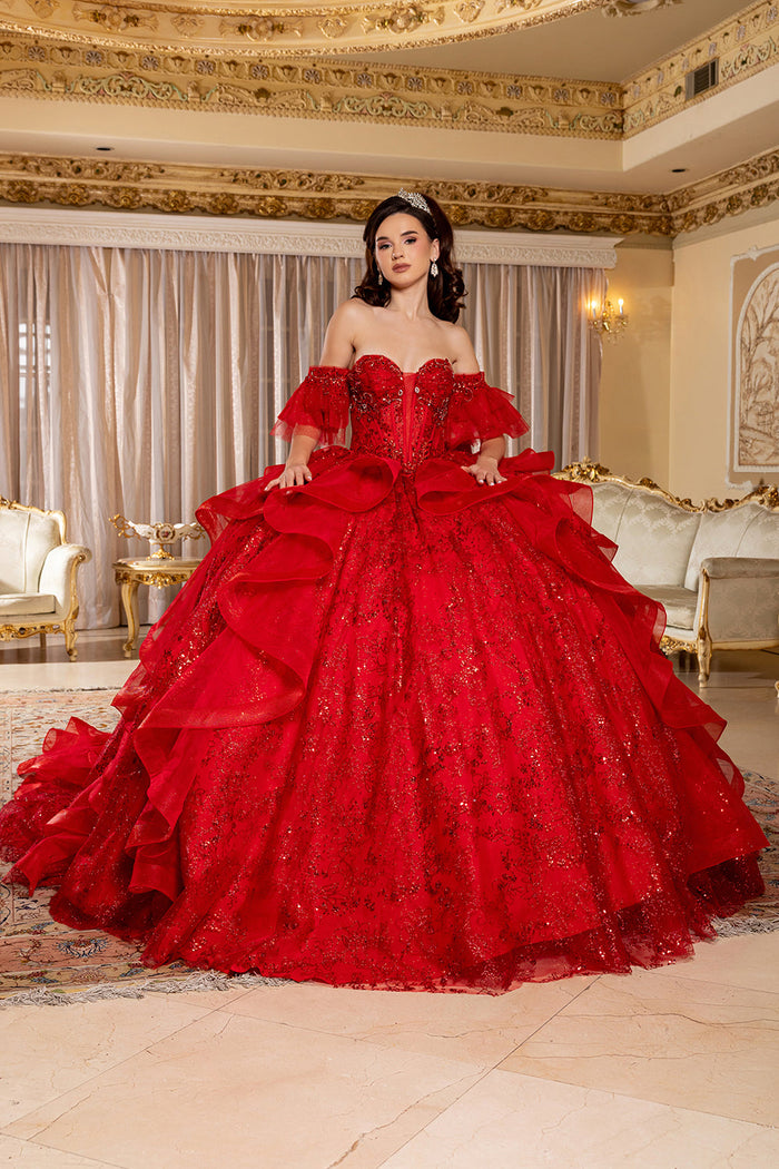 Off-Shoulder Quinceanera Ball Gown Glitter Tulle Corset Dress with Ruffled Skirt by Layla K LK296