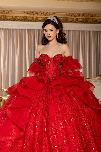 Off-Shoulder Quinceanera Ball Gown Glitter Tulle Corset Dress with Ruffled Skirt by Layla K LK296