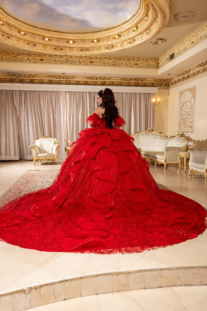 Off-Shoulder Quinceanera Ball Gown Glitter Tulle Corset Dress with Ruffled Skirt by Layla K LK296