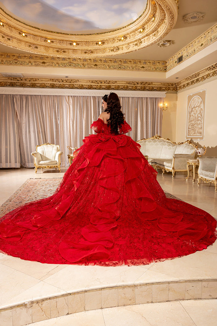 Off-Shoulder Quinceanera Ball Gown Glitter Tulle Corset Dress with Ruffled Skirt by Layla K LK296