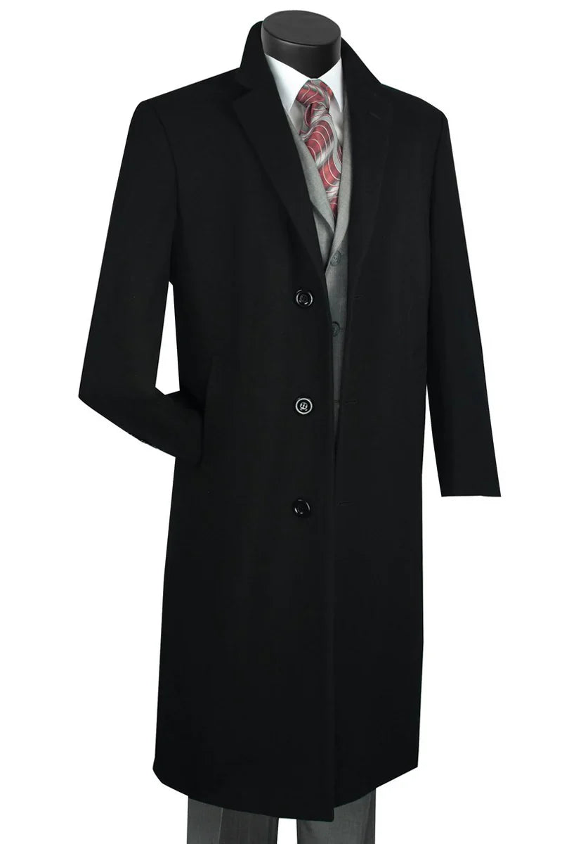 Men's Black Wool & Cashmere Overcoat  Classic Full Length Topcoat