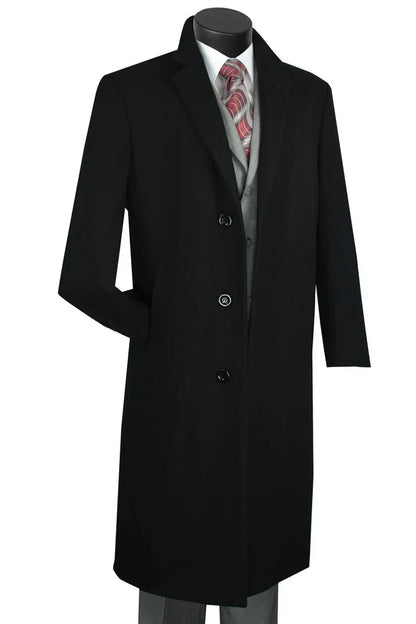 Men's Black Wool & Cashmere Overcoat  Classic Full Length Topcoat