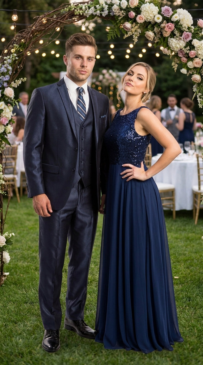 Men’s Navy Shiny Sharkskin Vested Suit, Tazio Formal Wedding Prom Dress Suit