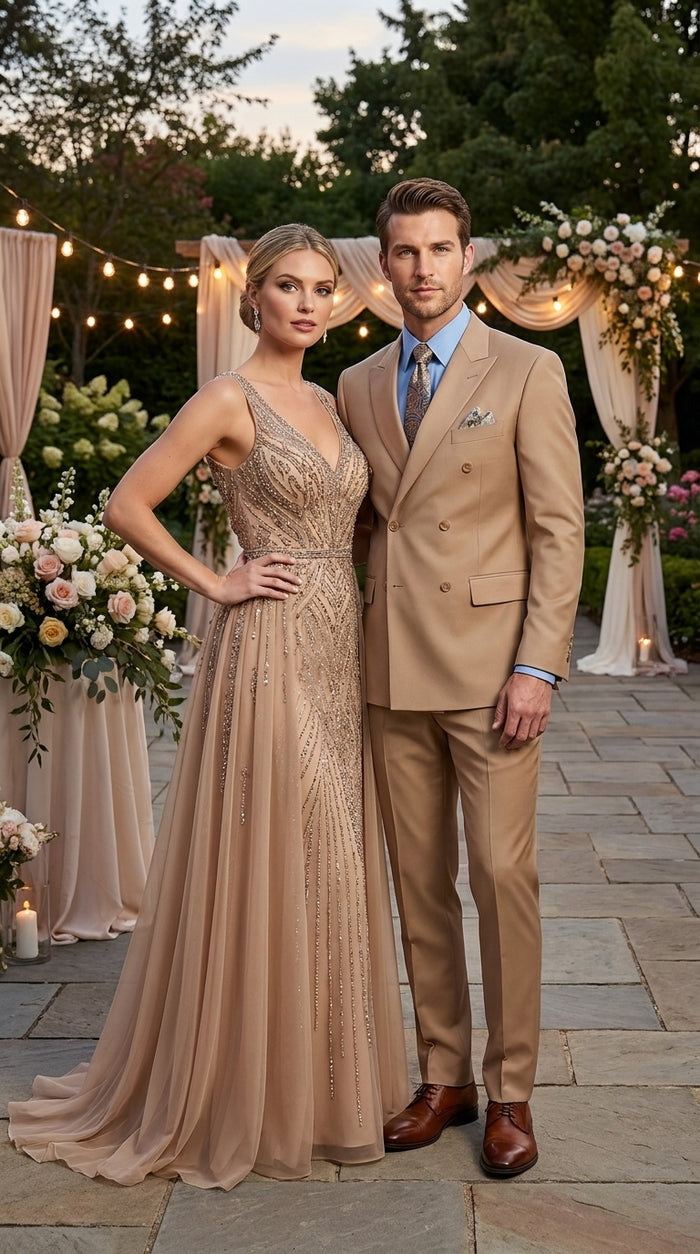 Men’s Tan Double-Breasted Suit – Classic Peak Lapel Business, Wedding and Formal Suit
