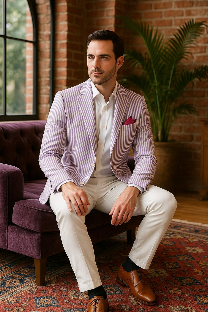 Men's Italian Lavender Seersucker Blazer Lightweight Summer Striped Suit Jacket
