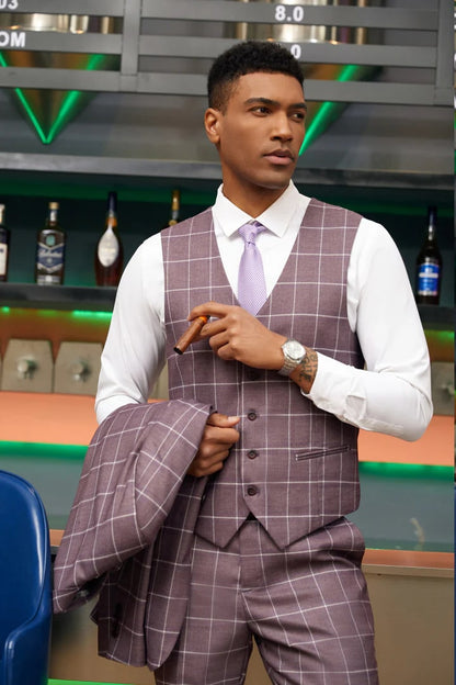 46 Men's Stacy Adam's One Button Vested Modern Fit Lavender Suit Windowpane  Plaid