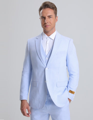 Mens Vested Summer Seersucker Suit in Blue Pinstripe