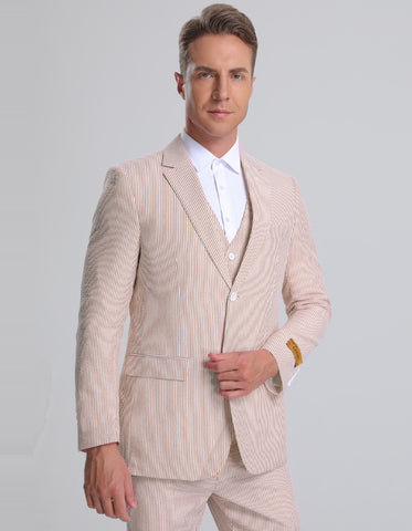Mens Vested Summer Seersucker Suit in Tan Pinstripe