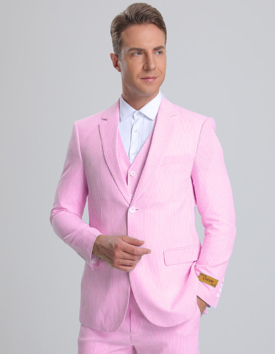 Mens Vested Summer Seersucker Suit in Pink Pinstripe