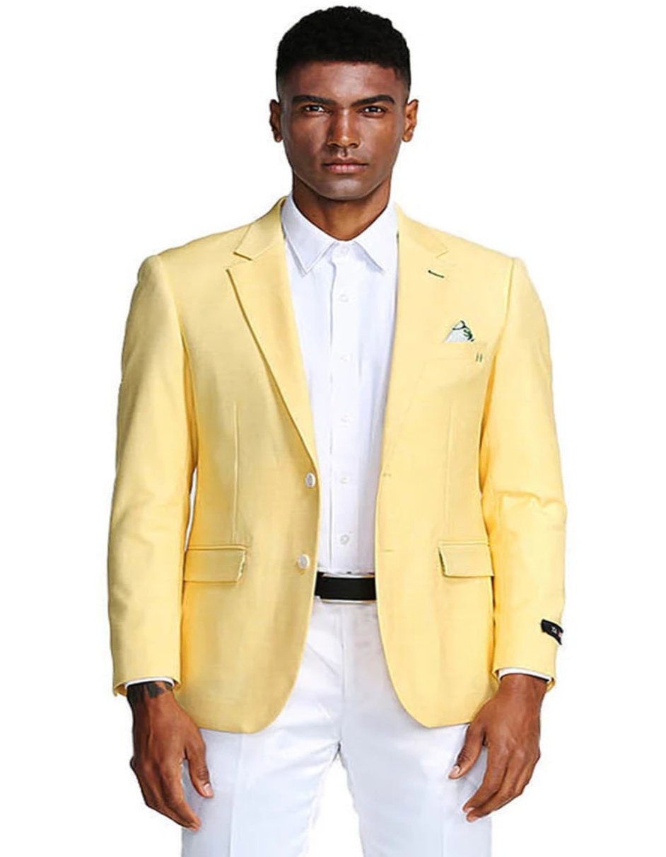 38 Men's Two Button Slim Fit Linen Style Lemon Yellow Summer Blazer