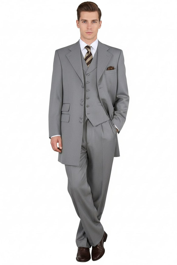 Mens Zoot Suit - Light Gray 3-Piece Suit with Vest  Classic Business and Wedding Formal Wear - 1920s Fashion