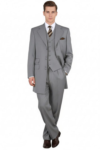 Mens Zoot Suit - Light Gray 3-Piece Suit with Vest – Classic Business and Wedding Formal Wear - 1920s Fashion