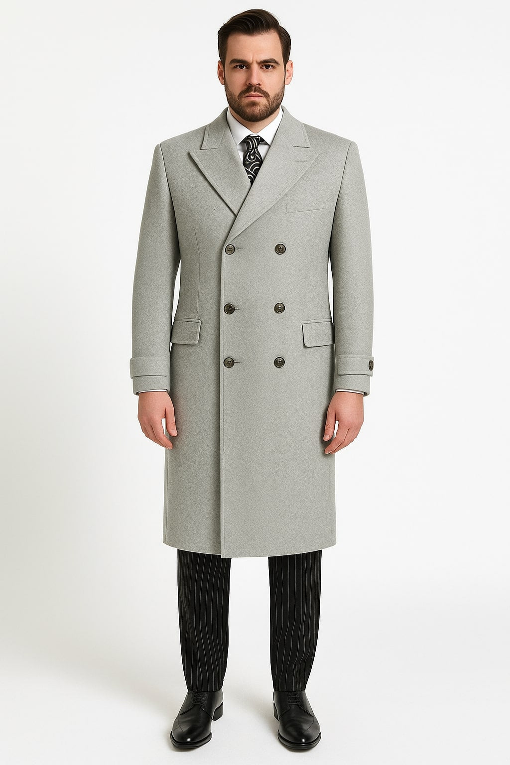 Mens Light Gray Double-Breasted Wool Overcoat  Classic Long Dress Coat for Winter