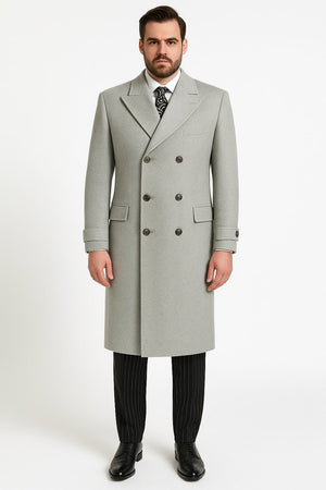 Mens Light Gray Double-Breasted Wool Overcoat  Classic Long Dress Coat for Winter