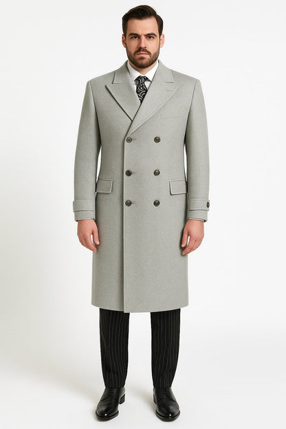 Mens Light Gray Double-Breasted Wool Overcoat  Classic Long Dress Coat for Winter