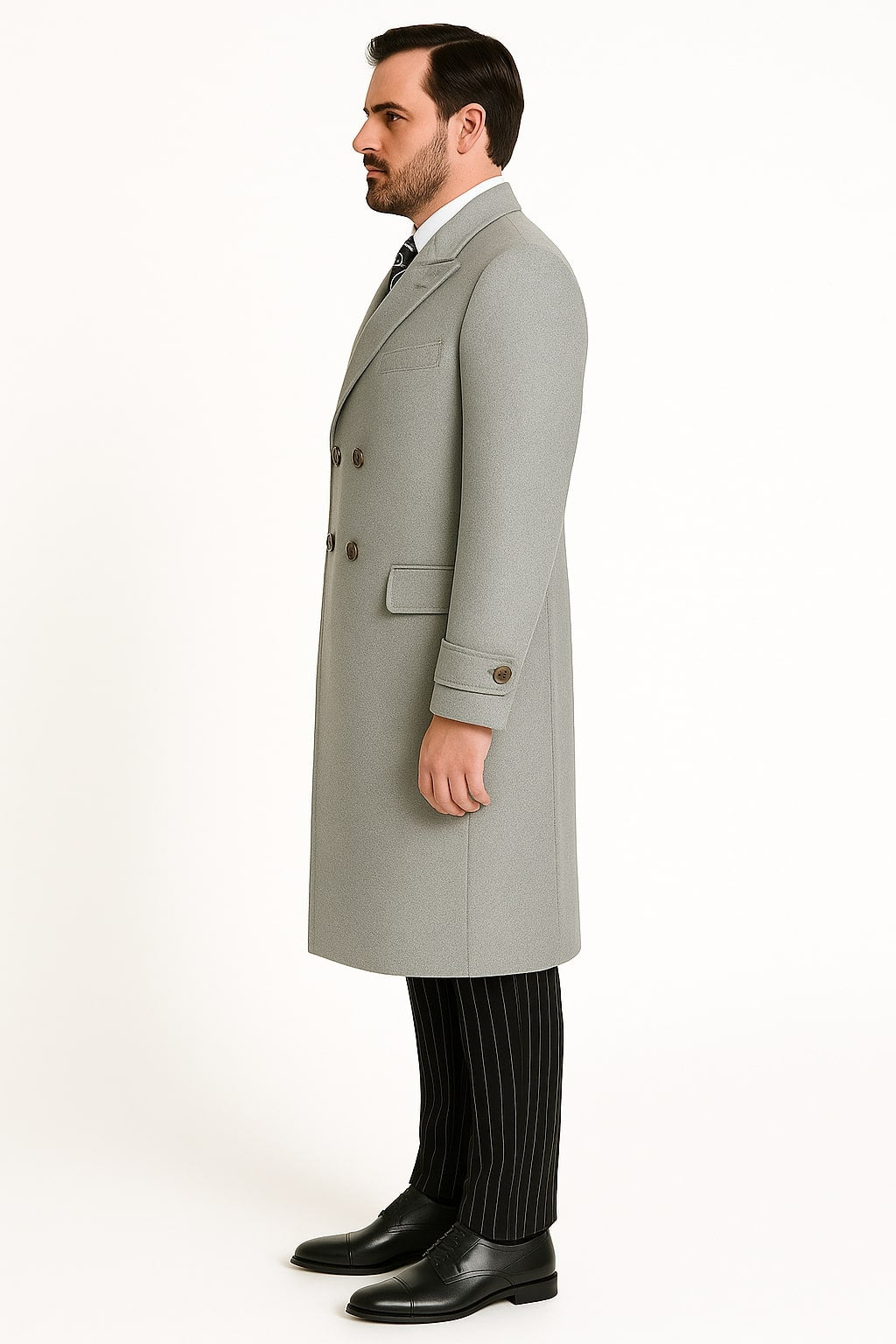 Mens Light Gray Double-Breasted Wool Overcoat  Classic Long Dress Coat for Winter