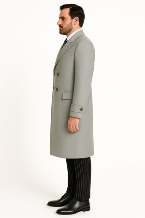 Mens Light Gray Double-Breasted Wool Overcoat  Classic Long Dress Coat for Winter