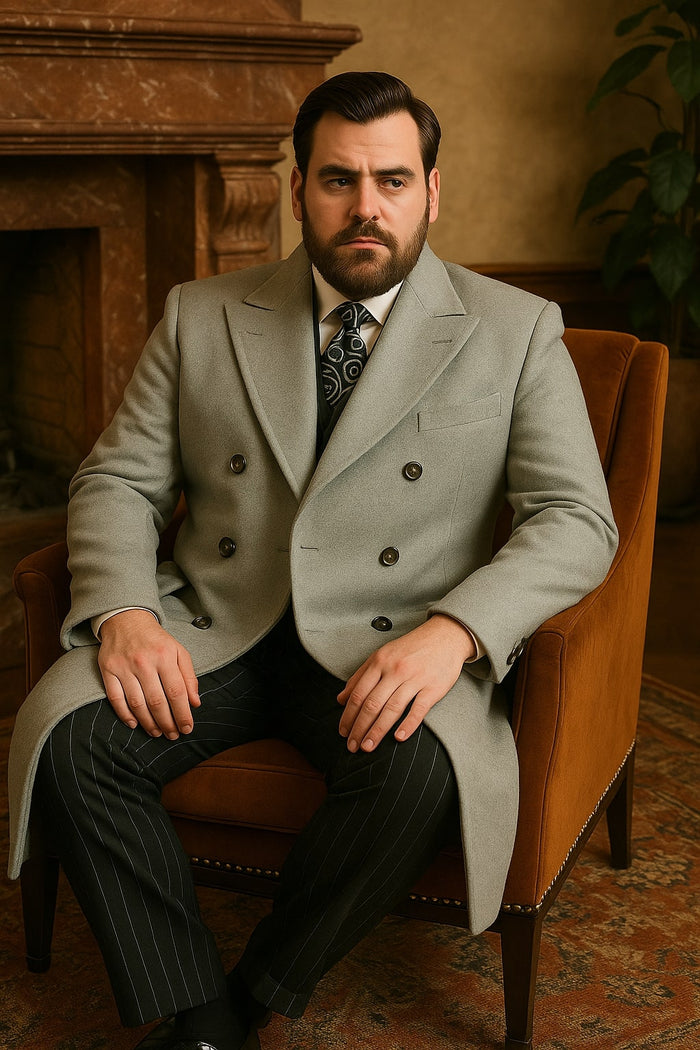 Mens Light Gray Double-Breasted Wool Overcoat  Classic Long Dress Coat for Winter