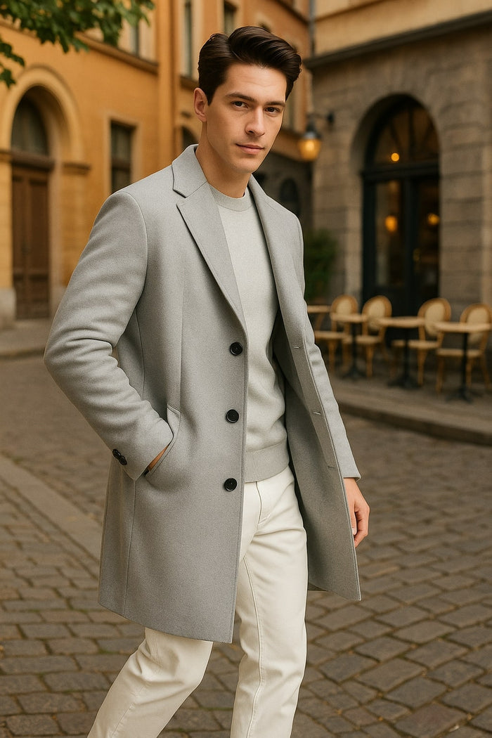 Mens Light Gray Wool Overcoat  Classic Single-Breasted Winter Coat