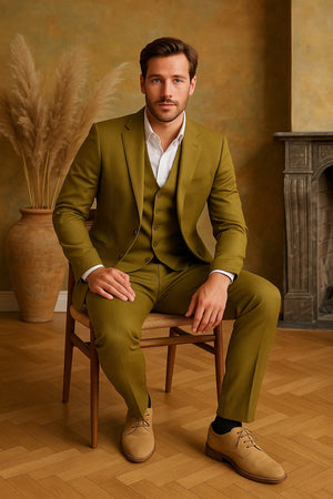 Mens Light Olive Green Linen Suit Three-Piece Style   Formal Suit with Vest and Flat Front Pants
