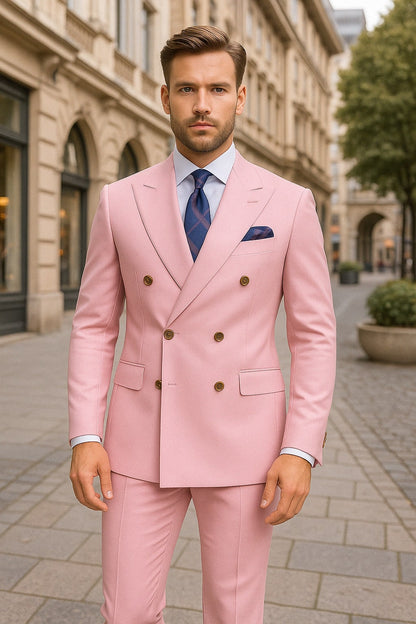 Mens Light Pink Double-Breasted Suit with Gold Buttons  2-Piece Slim Fit Set