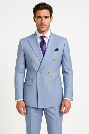 Mens Light Blue Double-Breasted Suits with Gold Button  Slim Fit 2-Piece Formal Set in Sky Blue Color