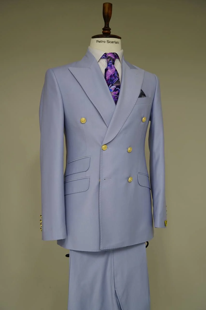 Mens Light Blue Double-Breasted Suits with Gold Button  Slim Fit 2-Piece Formal Set in Sky Blue Color