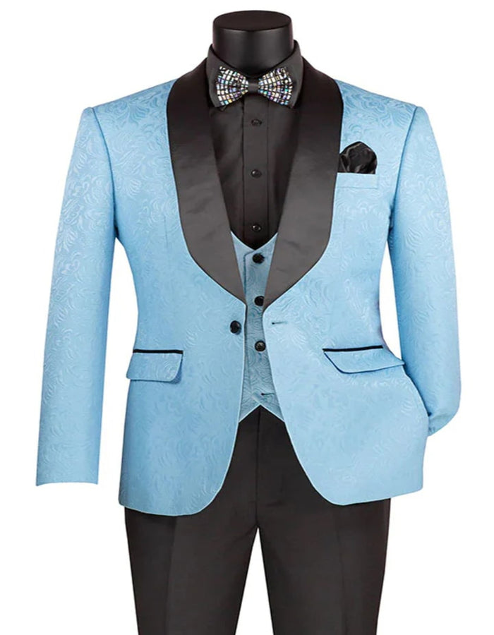 Blue Wedding Tuxedo - Men's Slim Fit Vested Paisley Light Blue Wedding Tuxedo