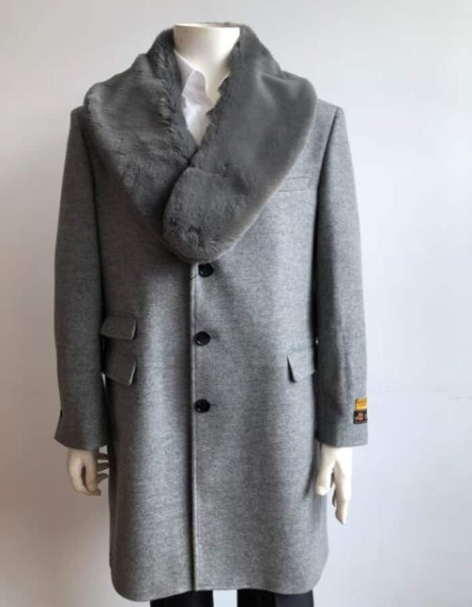 Mens Overcoat - Topcoat For Men - Winter Fabric - men's Long Jacket Ticket Pocket Designer men's Wool Peacoat Sale ~ Wool men's Car Coat Mid Length Three quarter length coat ~ Overcoat Wool With Fur Collar LT Gray - Men's Tuxedo USA