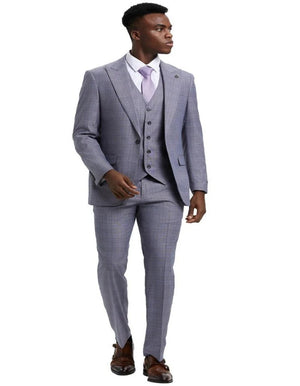 38 Light Grey Suit - Silver Gray Suit For Wedding - Men's Stacy Adams  Vested One Button Wide Peak Lapel Windowpane Light Grey Plaid Suit