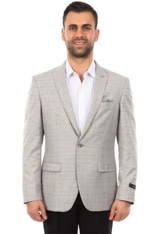Saco vaquero - Western Sport Coat - Western Blazer - Men's Two Button Windowpane Plaid Light Grey Sport Coat