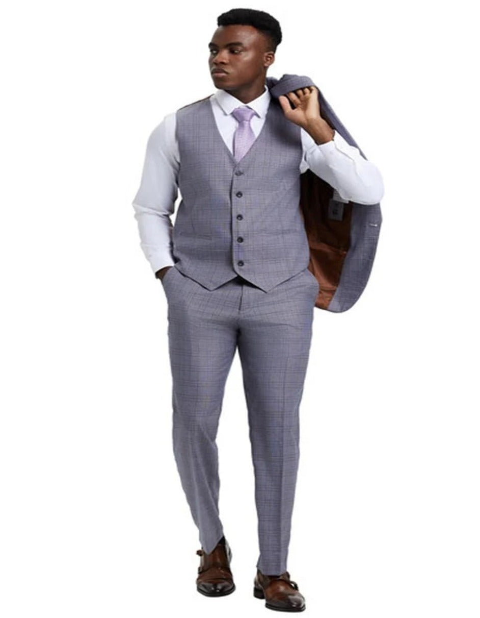 slim fit dress slacks Hisdern Men's Grey Light Plaid Wedding Vest for Skinny Guys 2XL main image 1