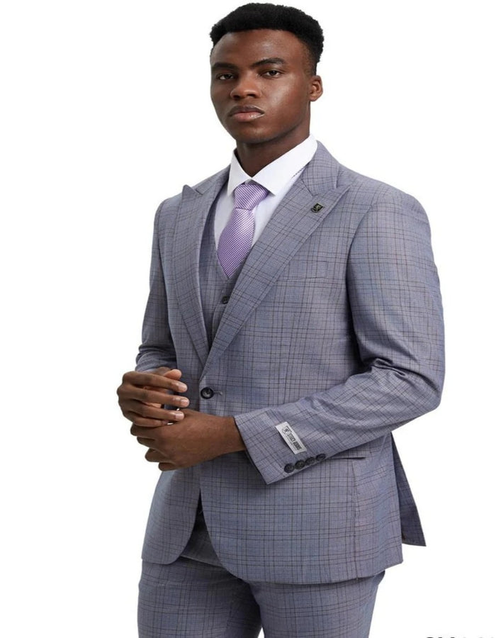 Light Grey Suit - Silver Gray Suit For Wedding - Men's Stacy Adams Vested One Button Wide Peak Lapel Windowpane Light Grey Plaid Suit - Men's Tuxedo USA