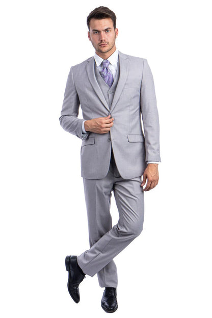 Men's Light Grey Two Button Hybrid Fit Vested Suit for Wedding Men's Light Grey Two Button Hybrid Fit Vested Suit for Wedding