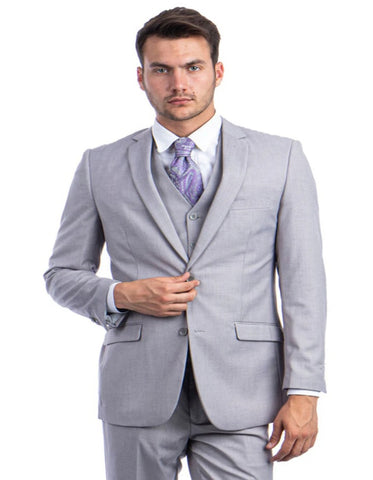 Light Grey Suit - Silver Gray Suit For Wedding - Men's two Button Basic Hybrid Fit Light Grey Vested Suit - Men's Tuxedo USA