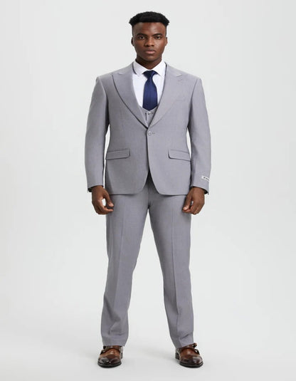 38 Light Grey Suit - Silver Gray Suit For Wedding - Men's Vested One Button Peak Lapel Stacy Adams Light Grey Designer Suit 38 Light Grey Suit - Silver Gray Suit For Wedding - Men's Vested One Button Peak Lapel Stacy Adams Light Grey Designer Suit