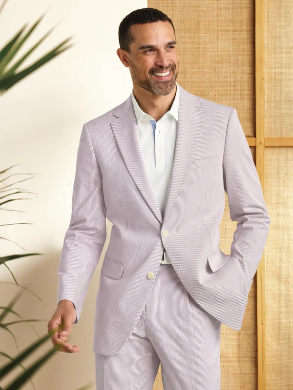 Mens Lavender Seersucker Suit Blazer  Pants Cotton Fabric - Summer Fabric in Purple color