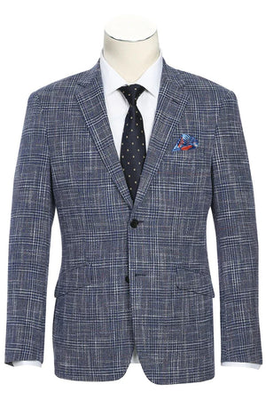 Saco vaquero - Western Sport Coat - Western Blazer - Mens Slim Fit Two Button Wool & Linen Sport Coat Blazer In Blue Windowpane Plaid